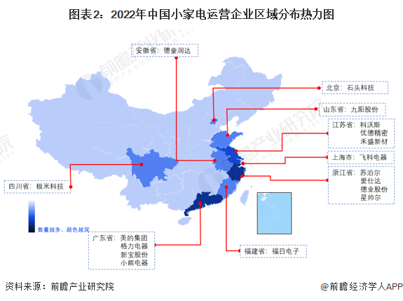 图表2：2022年中国小家电运营企业区域分布热力图/